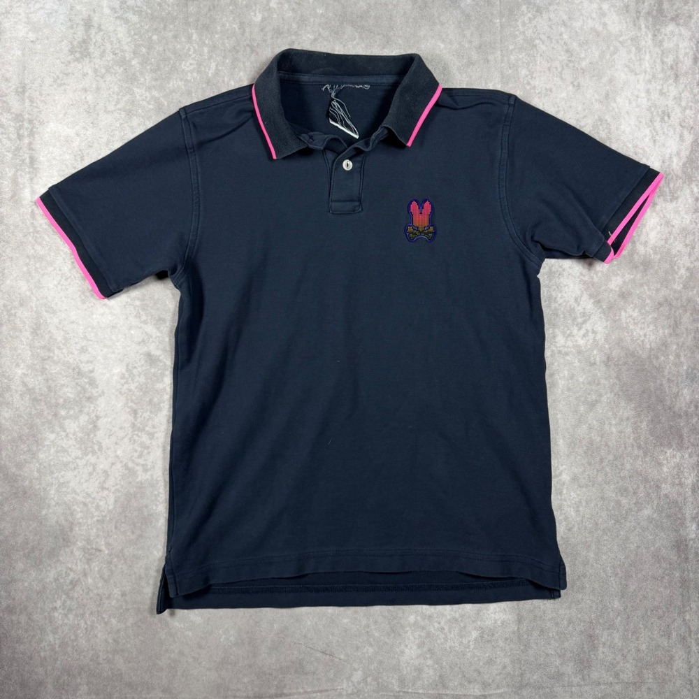 Psycho Bunny Womens Small Navy Blue Pink Tipped Pima Cotton Polo Shirt Preppy